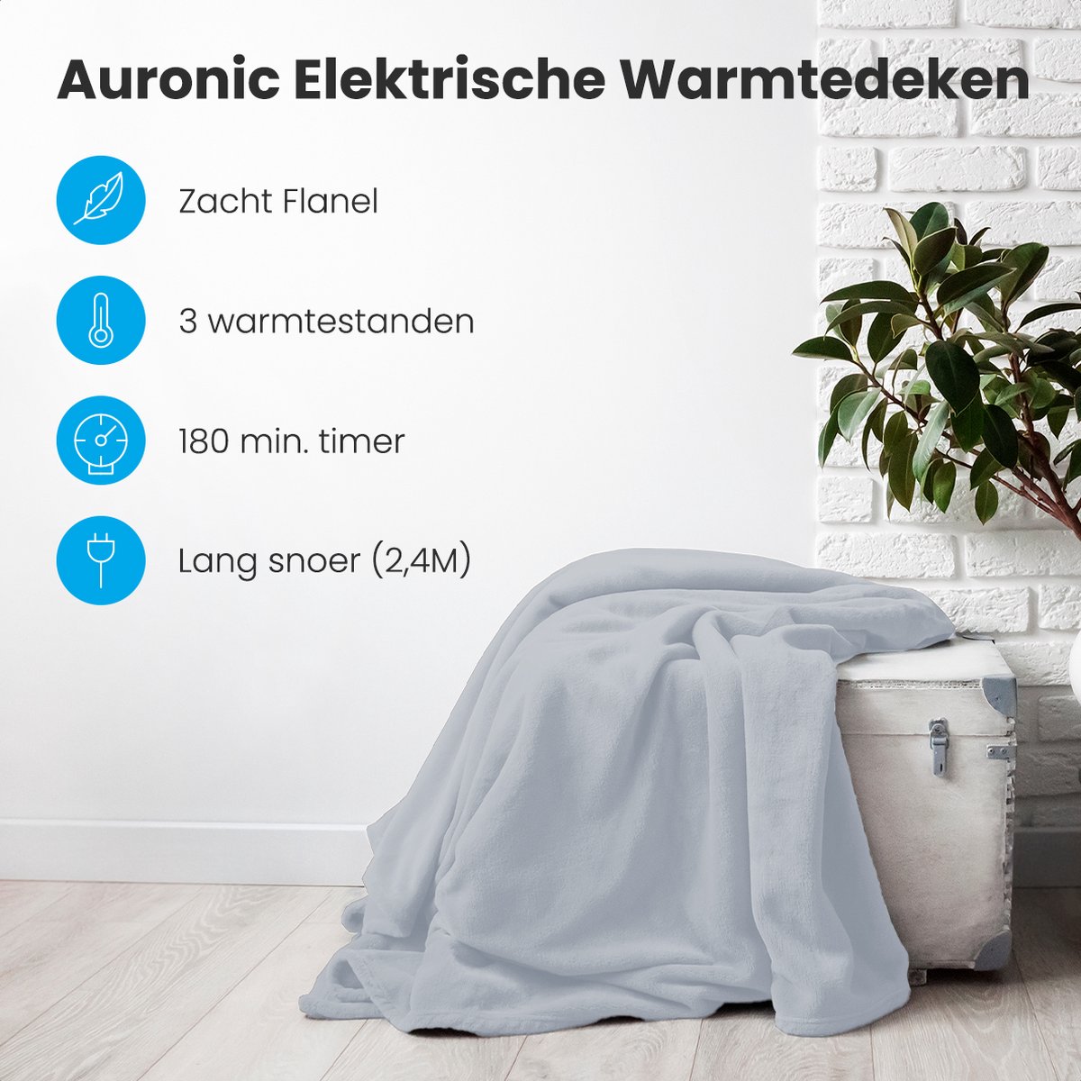 Afbeelding 2 van Auronic Elektrische Deken - Warmtedeken - 3 Warmtestanden - 2 Persoons - Bovendeken - Met Timer - 200 x 180 cm - Grijs