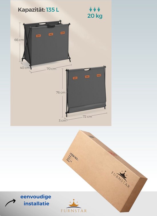 FurnStar - Panier à linge - collecteur de linge - 135 litres - boîte à linge - 3 compartiments - cadre en X pliable - étiquettes individuelles - pour buanderie - chambre - salle de bain - 70 x 40 x 66 cm - gris