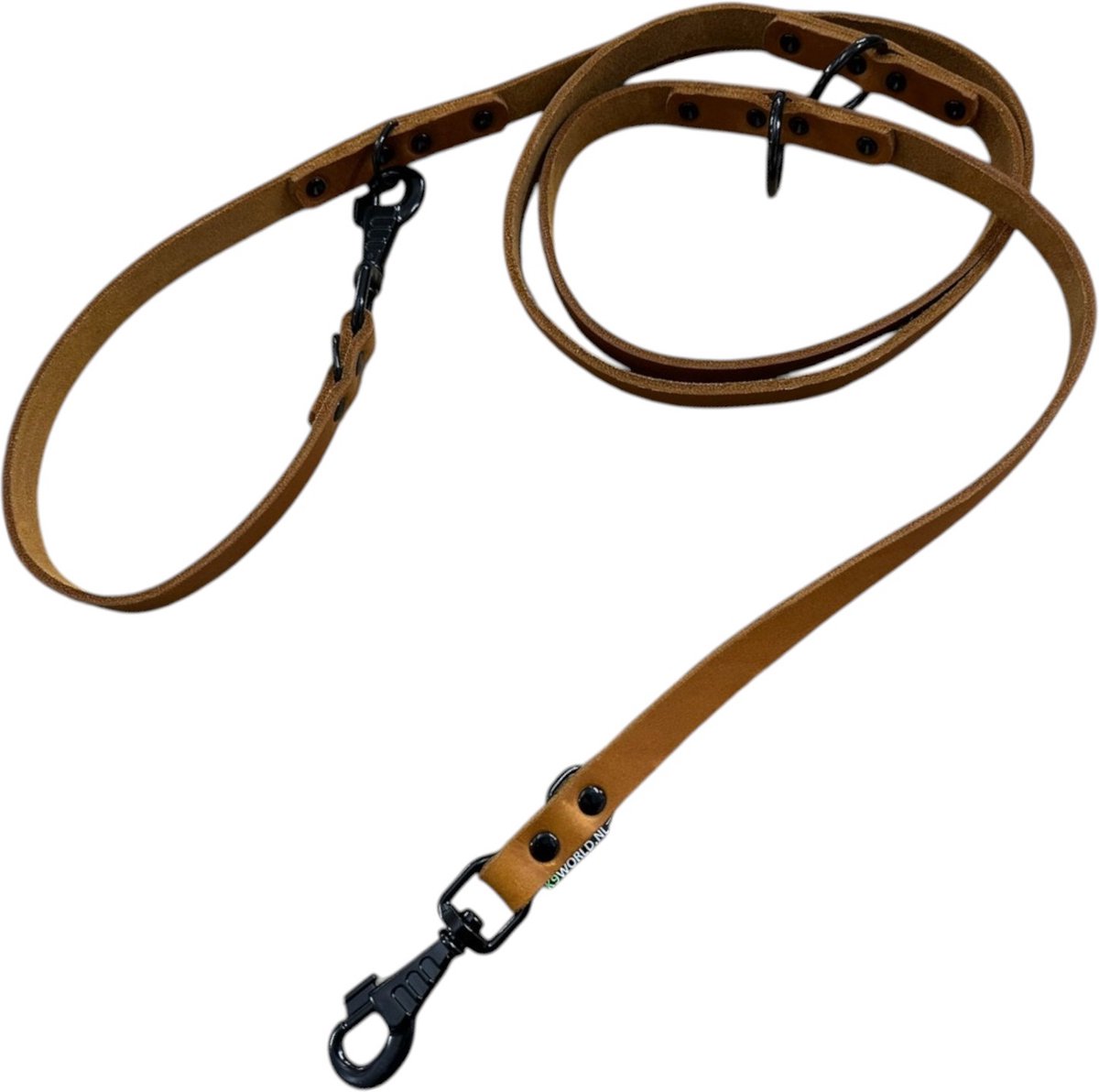 K9 World, verstelbare hondenriem, cognac bruin leer, zwart beslag