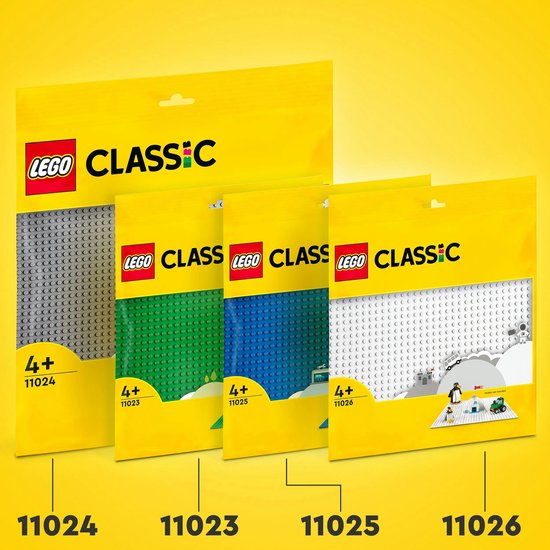LEGO Classic verpakkingen: grijze, groene, blauwe en witte bouwplaten, 4+ 11024, 11023, 11025, 11026.