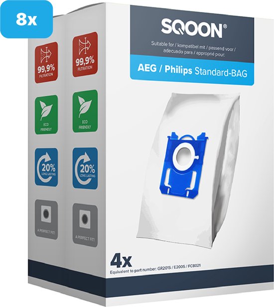 SQOON® Sacs d'aspirateur adaptés à AEG / Electrolux / Philips Standard-BAG | 8 pièces