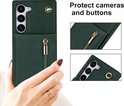 Étui de téléphone vert foncé avec fermeture éclair, protégeant l'appareil photo et les boutons.
