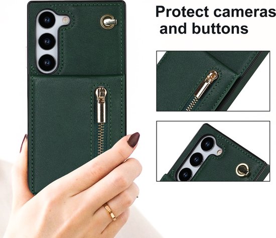 Étui de téléphone vert foncé avec fermeture éclair, protégeant l'appareil photo et les boutons.