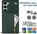 Étui de téléphone vert foncé avec fermeture éclair, avec des compartiments pour l'argent et les cartes.
