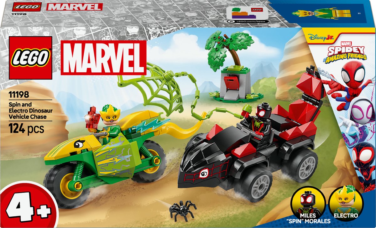 LEGO Marvel Spidey en zijn geweldige vriendjes Spin en Electro achtervolging met dinosaurusvoertuigen  11198
