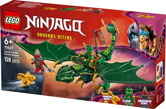 LEGO Ninjago Lloyd's groene bosdraak speelgoeddoos met groene draak met gouden details, groene ninjapopper, rode ninjapopper en gouden draak.