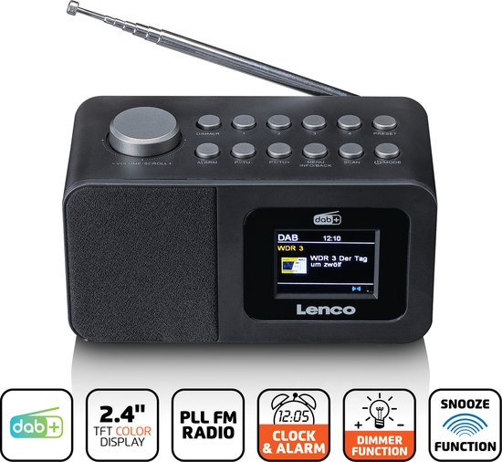 Zwarte Lenco wekkerradio met dab+ scherm, antenne, knoppen en iconen.
