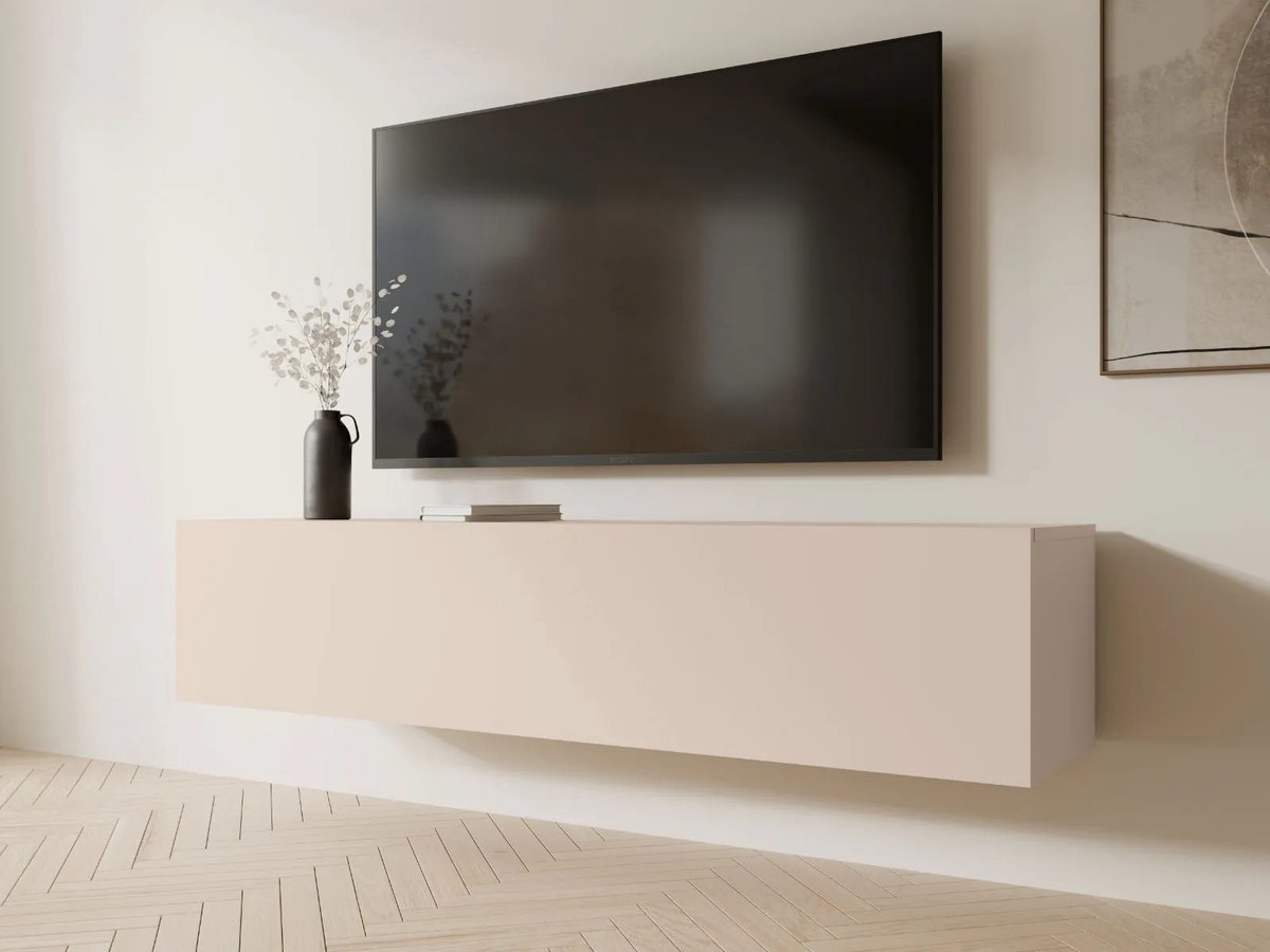 Mobistoxx Tv Meubel - Tv Kast - Kasjmier - 140 cm - Klapdeur met 3 Vakken - Met Gasveren en Kabeldoorgangen - Tv Kast Hout - Televisiemeubel Kingston
