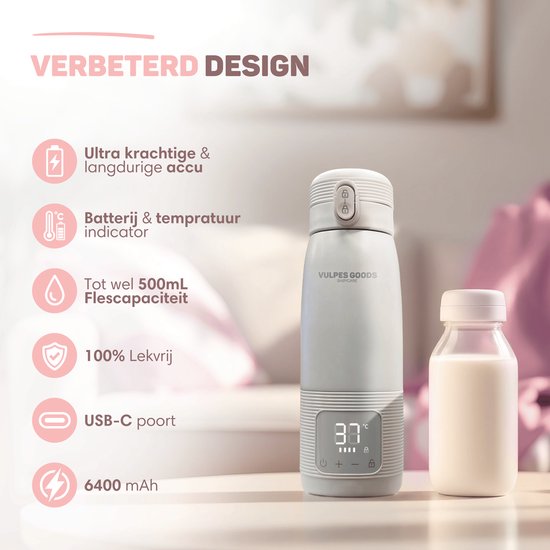 Vulpes Goods® BabyCare - Flessenwarmer Onderweg - 500ML - Flessenwarmers - Roestvrijstaal - 6400 mAh - Oplaadbaar - Draadloos & Draagbaar - Voor alle soorten Babyflessen - Babyvoeding - PRO V2 van Vulpes Goods® — afbeelding 2