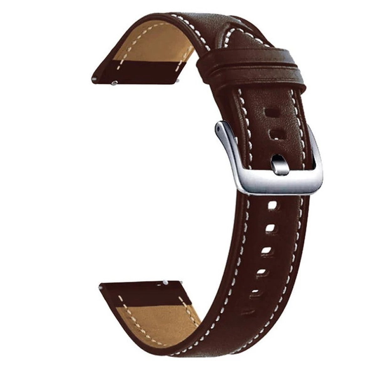 Bruine PU Lederen Horlogeband 22mm - PU Leer, Quick Release, Zilver kleur Gesp Geschikt voor Smartwatch en analoge horloges bijvoorbeeld Garmin, Seiko, Fossil Meer
