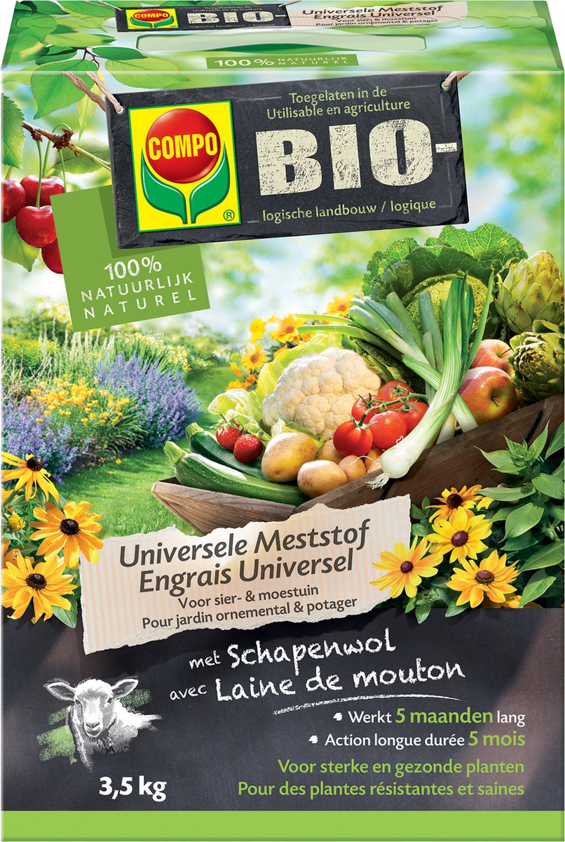 COMPO Bio Universele Meststof - 100% organische meststof met directe en lange werking van 5 maanden - voor sterke en gezonde planten - doos 3,5 kg