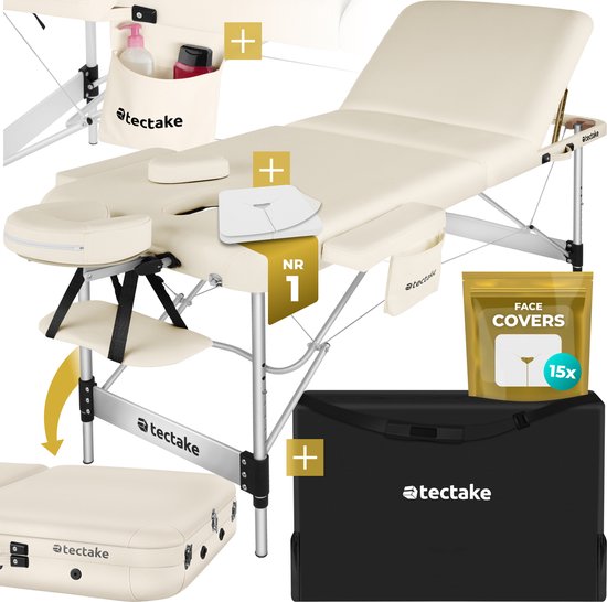 tectake® 3-Zones Massagetafel - 70cm Breed - Behandelbank met 5cm Dikke Vulling en Aluminium Frame - Inclusief 15 Hoofdsteundoekjes en Draagtas - Max Draagvermogen 230kg - Beige