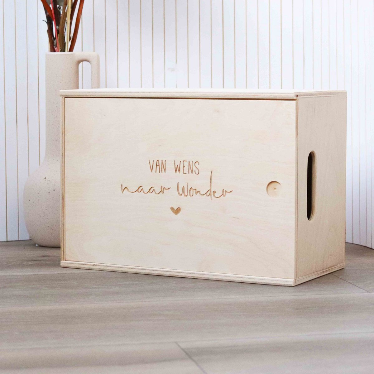 Houten bewaarkist | Opbergbox baby | Van wens naar wonder | schuifdekselkistje | bewaarkistje