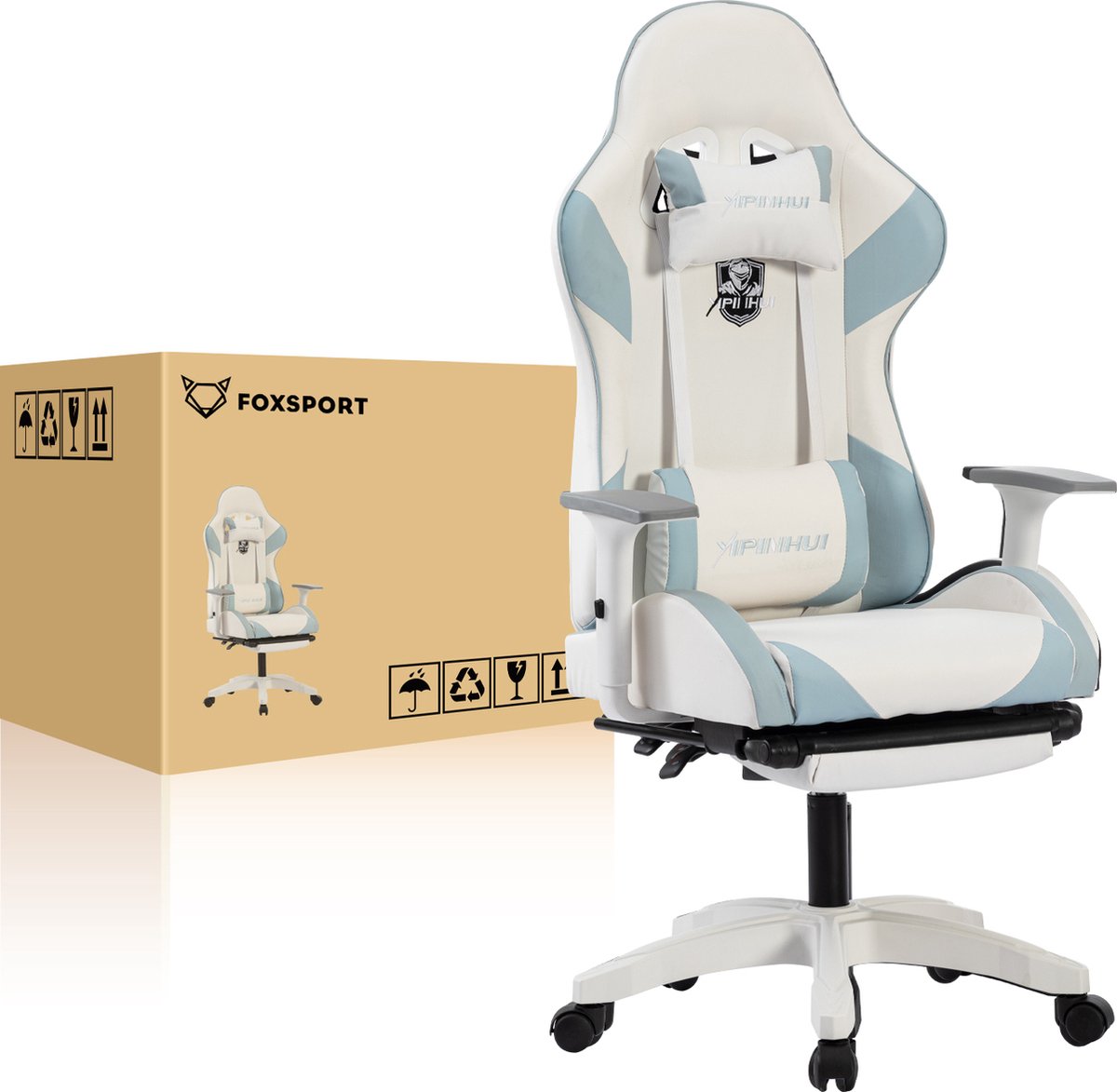 FOXSPORT Gamestoel - Gaming Chair - Ergonomisch - Verstelbaar - Met lendensteun en hoofdsteun - Met voetsteun - Bureaustoel - Racing -Wit / Blauw – foto 5
