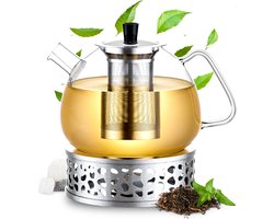 Élithé Theepot Glas Set 1,5 Liter met Filter en Warmhouder - Glazen Teapot voor Losse Thee en Theebloemen - Tea Maker - Theelicht houder voor Theekan met Zeef - Infuser - Warmer - Zilver