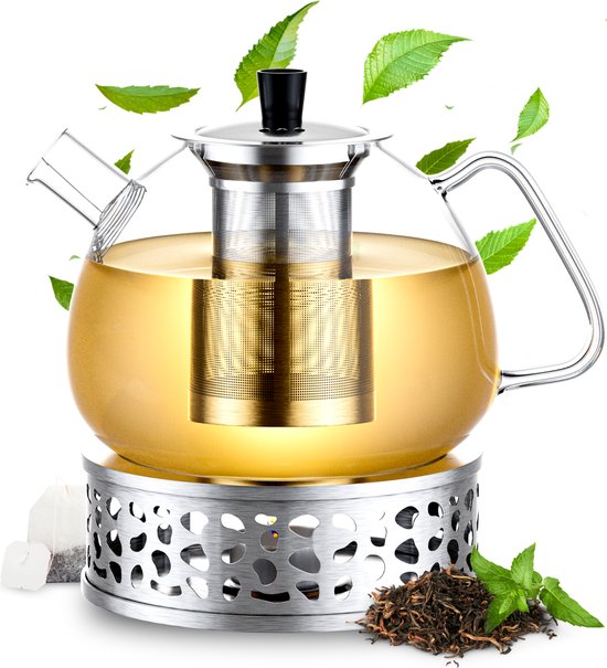 Élithé Theepot Glas Set 1,5 Liter met Filter en Warmhouder - Glazen Teapot voor Losse Thee en Theebloemen - Tea Maker - Theelicht houder voor Theekan met Zeef - Infuser - Warmer - Zilver