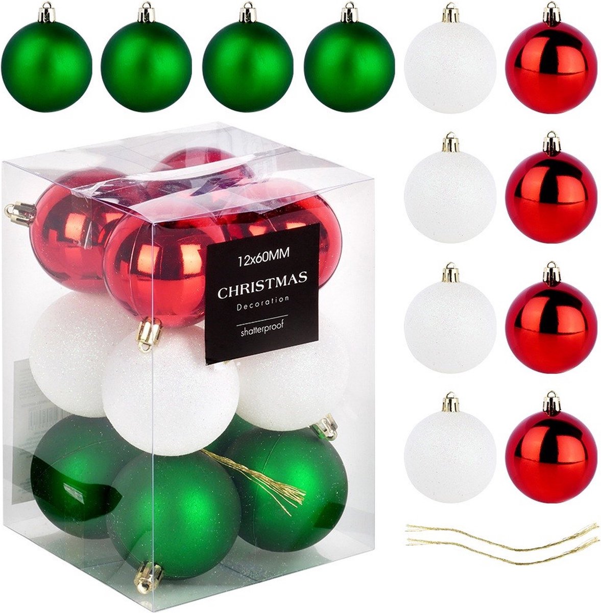 Kerstballen Set Onbreekbaar Rood Groen Wit 6 cm 12 stuks - Kerstdecoratie