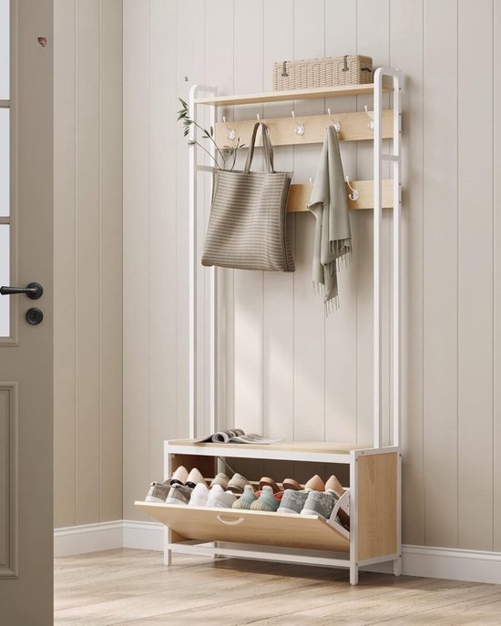 Kapstok Vrijstaand, Entryway Houten Kapstok met Schoenenbank Hall Boom 5 in 1 Schoenenrek met 10 Haken en Opbergbank voor Entryway, Eenvoudige Montage 80X30X170CM Vintage Bruin