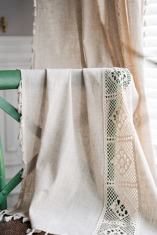 Boho Rideaux Pour Salon Vintage Gland Crochet kanten Panneaux Pour Chambre Fenêtre Ferme Rétro Creux Sheer Rideaux, 59"w × 63"l (150cm x160cm) -2 Panneaux-Beige Cube