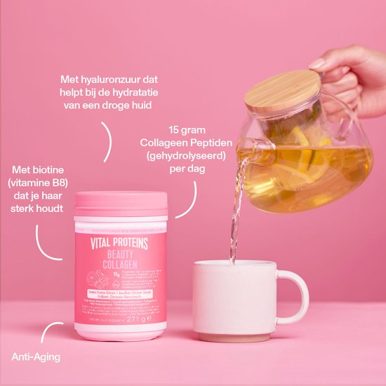 Vital Proteins - Beauty collageen - 15 gram Peptiden Rundercollageen - Gehydrolyseerd - Biotine en Hyaluronzuur - Aardbei Citroensmaak - 271 gram -