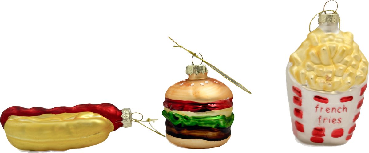 Unieke Fastfood Kersthangers - Hamburger, Friet & Hotdog - Set van 3 Glazen Kerstballen met Haakjes - 3BMT®