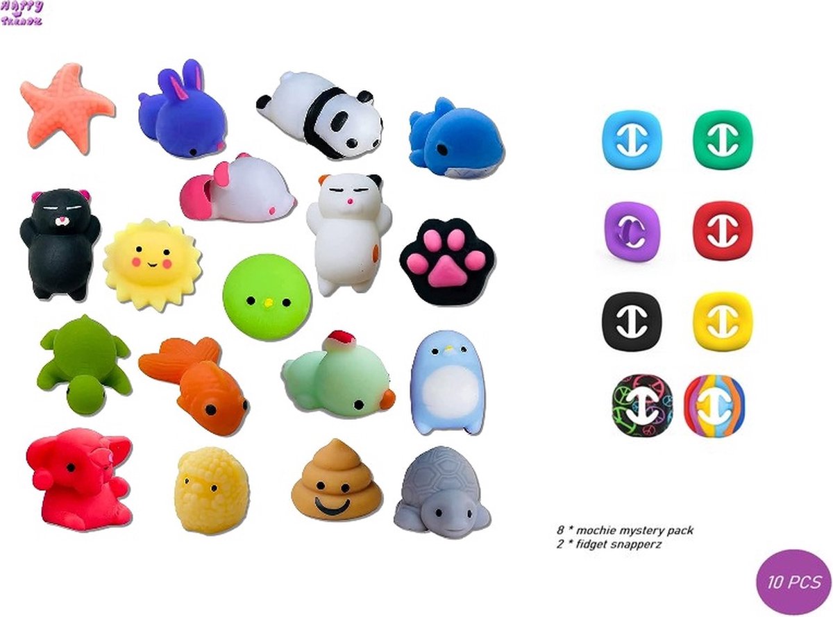 Happy Trendz® Mystery mochie mochy 8 x + Fidget Snapperz 2 x - mochie mochies squeezy squishy - fidget anti stress snapperz - kantoor - thuis - feestdagen - schoencadeau - leuk - verrassing -