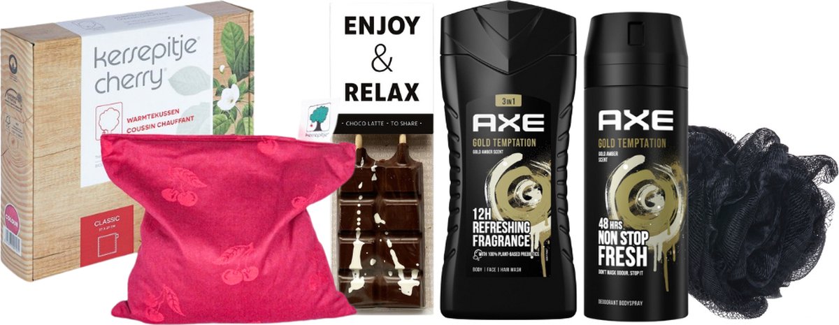 Goedkoopste Axe Cadeauset Warme Kerst Chocolade & Warmtekussen Gold Temptation - Axe Deo Spray 150 ml Gold Temptation - Axe Showergel 250 ml Gold Temptation - Kersepittje Warmtekussen Classic 27x27cm