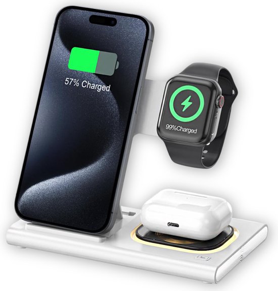 Dutch Quality® 3-in-1 Draadloze Oplader – Magsafe - 15W – Oplaadstation – Geschikt voor Apple iPhone 16/15/14/13/12/Mini/Pro/Max, Apple Watch en AirPods - snellader geschikt voor Qi - met nachtlampje - zonder adapter