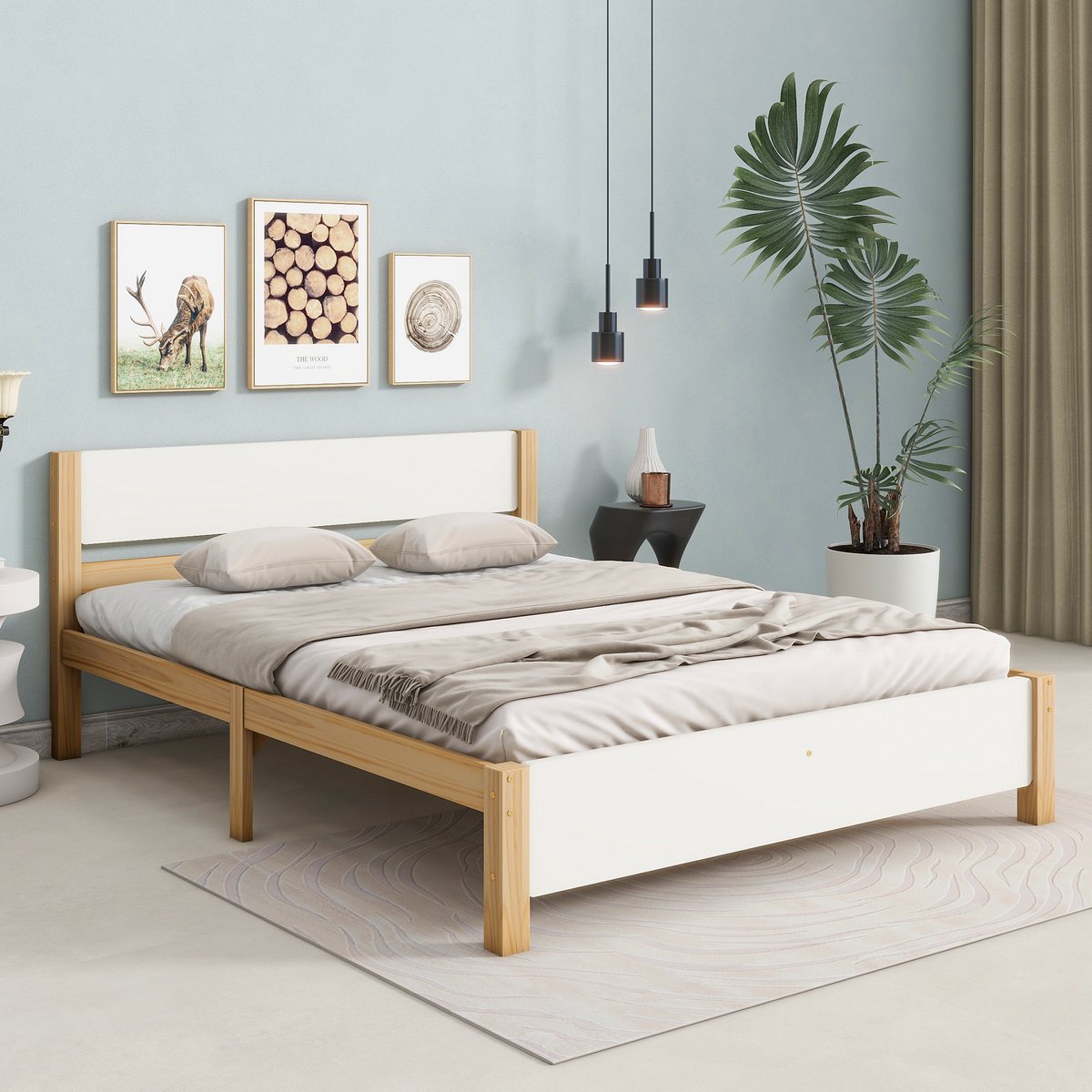 Gutent Tweepersoonsbed (Zonder matras), houten bed, Grenen bedframe, jeugdbed, MDF, Wit + Naturel, 140x200 cm