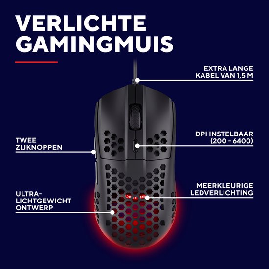 Zwarte gamingmuis met honingraatontwerp, rode LED-verlichting, kabel en zij-knoppen