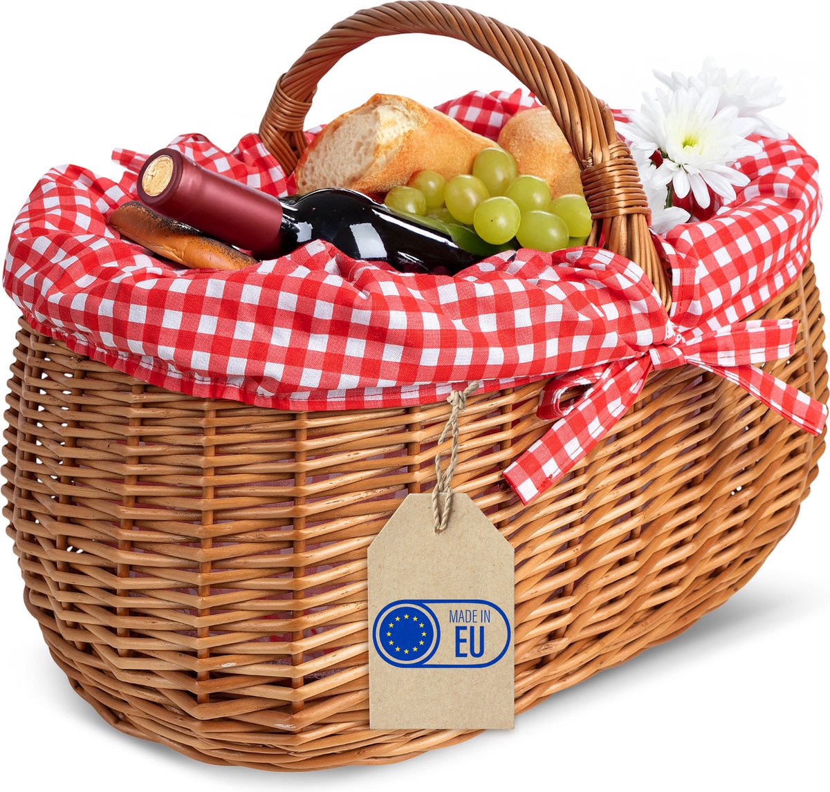 Creative Home Grote picknickmand met rood geruite bies | Rieten mand met handvat | Winkelmand | 45 x 32 x 34 cm (+/- 2 cm) | Groot en lichtgewicht | Natuurlijk bruin | Handgeweven, Universeel
