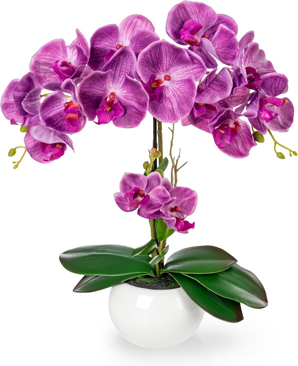 Kunstorchidee in pot - Nepbloem decoratie - Woonkamer verfraaien - Echte keramiek pot - 40 cm hoog - Lila