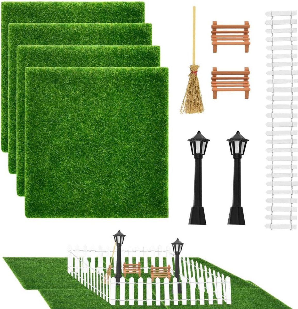 Complete Miniatuur Tuin Decoratie Set - 10 Delige Kunstgras en Accessoires voor Creatieve Tuinontwerpen