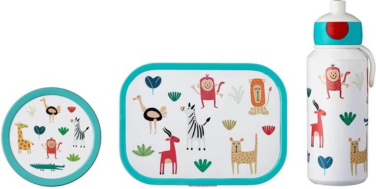 Un set de 3 articles de déjeuner Mepal avec un imprimé d'animaux de safari. Comprend un couvercle rond, une boîte à lunch rectangulaire et une gourde, tous avec des animaux joyeux.