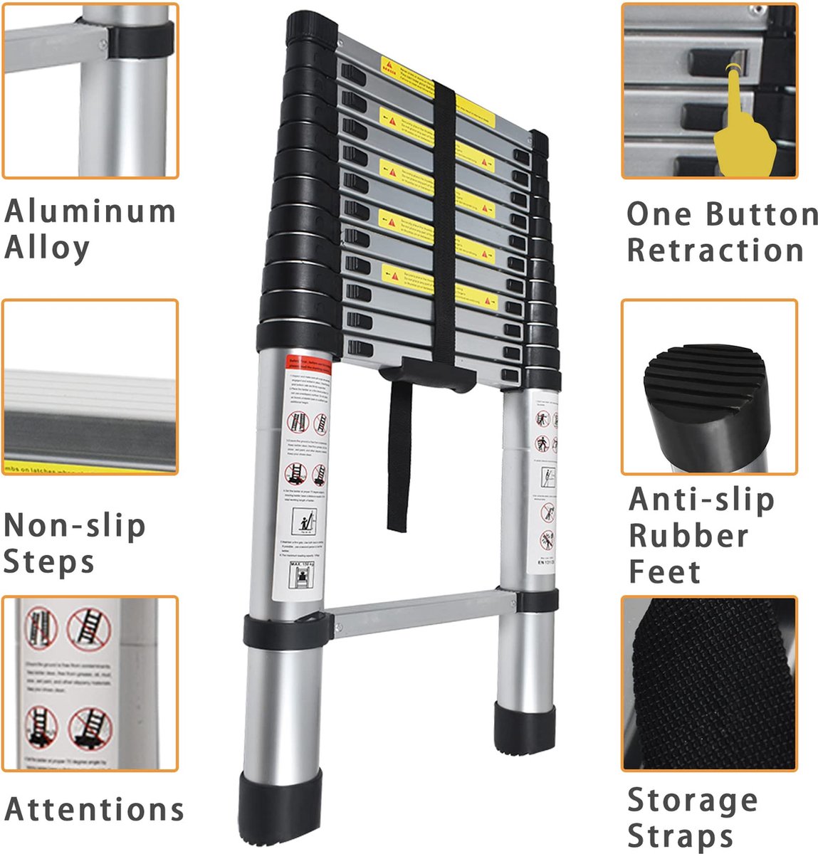 Telescopische Vouwladder - Telescopische Ladders - Soft Close - Werkhoogte 3,2 m - zilverachtig – foto 3