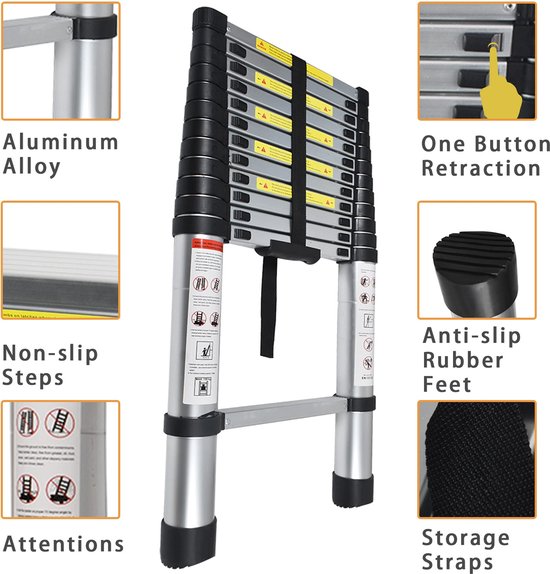 Uitschuifbare aluminium ladder met gedetailleerde afbeeldingen van antislip treden, éénknopsintrekking, en rubberen voetjes.