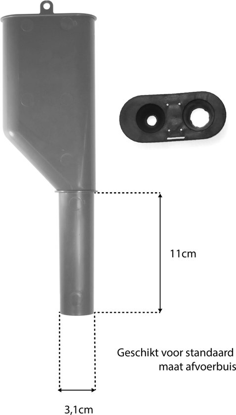 Grijze kunststof afvoerverdeler met een brede trechter en een dunnere pijp van 11cm lang en 3,1cm breed. Past op standaard afvoerbuizen.