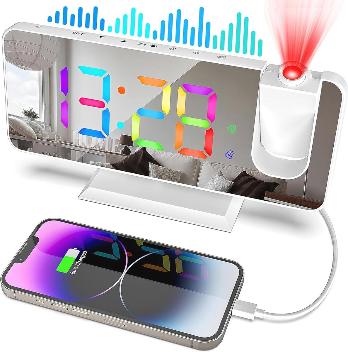 Projectie Wekker met LED RGB Kleur Spiegel Display en USB-oplader