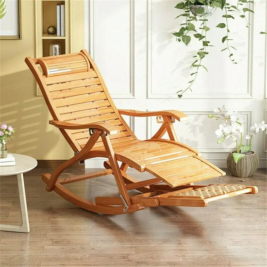 Chaise à Bascule Pliable en Bamboe - Chaise - Chaise Longue Plein air avec Accoudoirs et Coussin de Massage des Pieds - 5 positions - Fauteuil Portable Couleur Bois - 94 x 40 cm