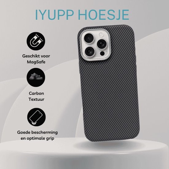 IYUPP Coque adaptée pour iPhone 16 Pro Max – Texture carbone – Compatible avec MagSafe – Zwart