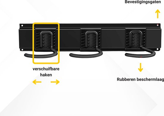 Zwarte metalen rail met 3 verplaatsbare haken. Voorzien van bevestigingsgaten en rubberen beschermlaag.