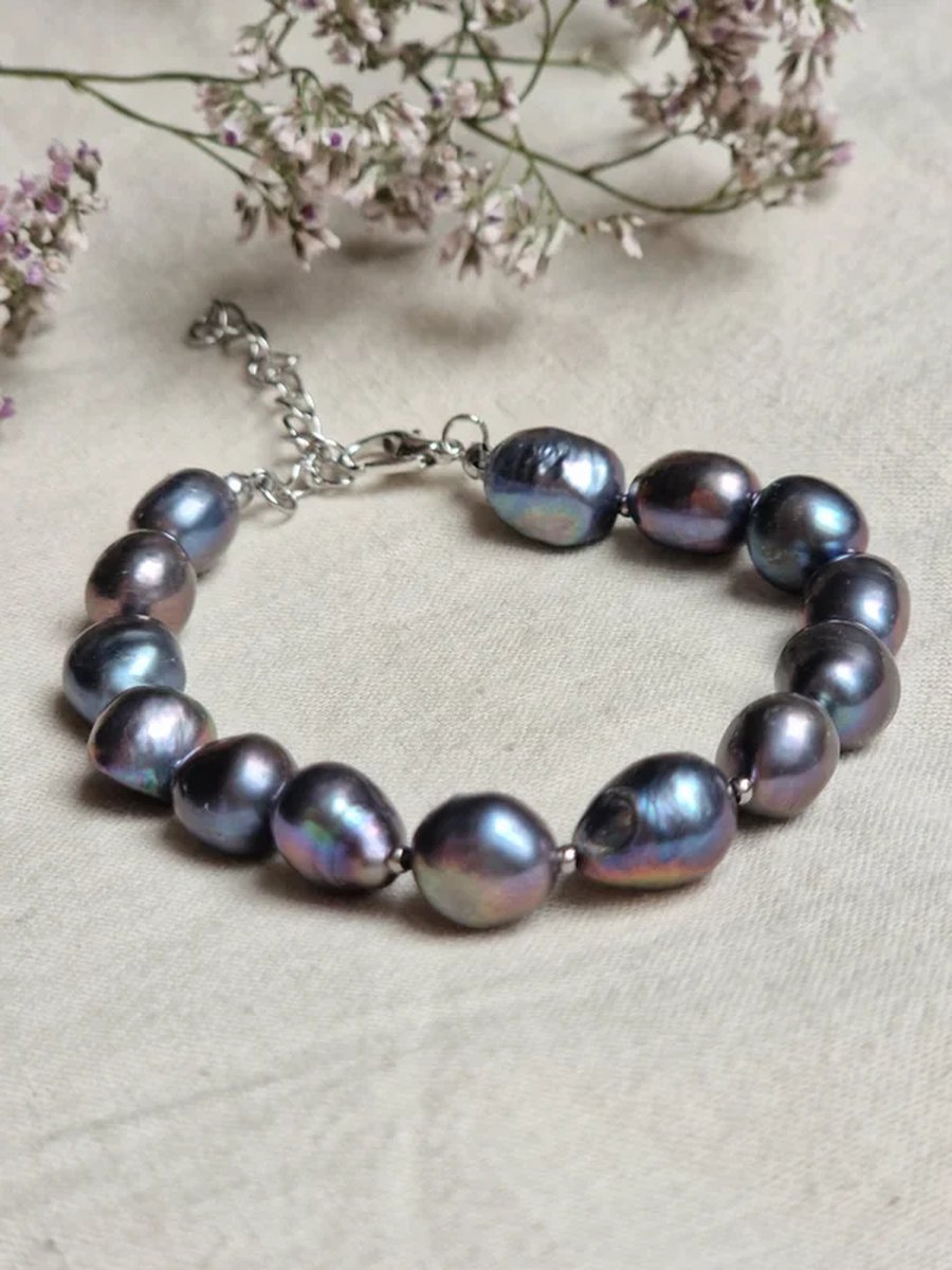 Parel armband - Zwarte grote zoetwaterparels - Statement armband - Stainless Steel - Handgemaakt