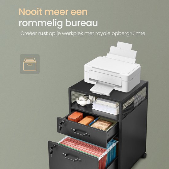 Zwarte ladekast met open laden vol met mappen en spullen. Bovenop staat een printer.