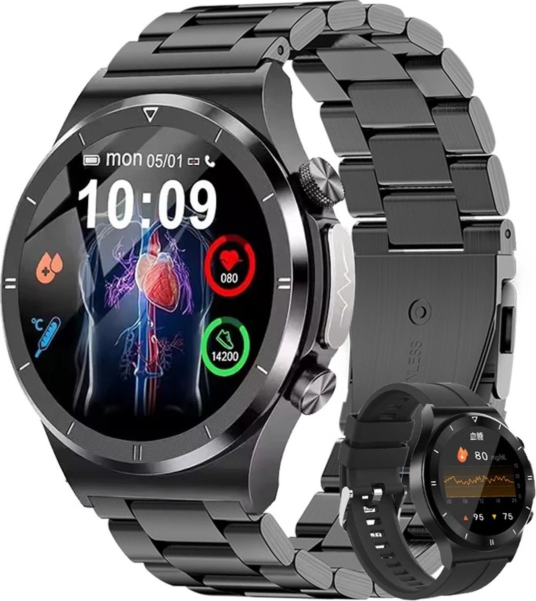 Bloedsuikermeter Smartwatch Black Steel Gezondheidstracker