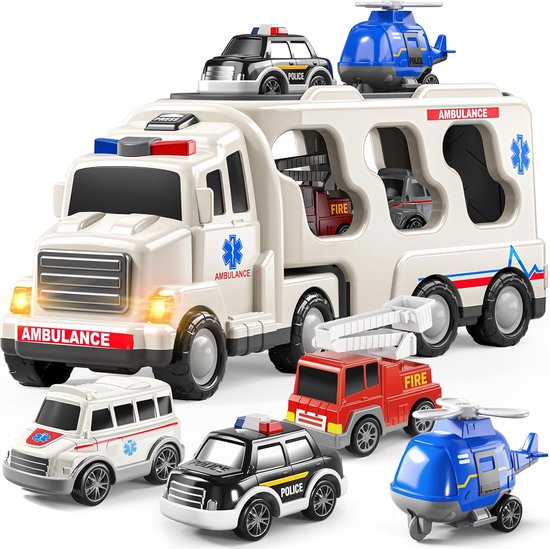Speelgoed vrachtwagen 33cm met licht en geluid en vier kleine auto's - oplegger - speelgoed truck - ambulance