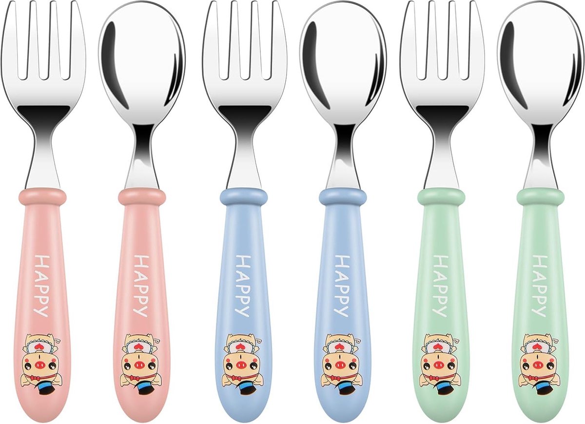 Goedkoopste Baby Vork en Lepel, 6 stuks Roestvrij vork en lepel voor kinderen, Peuter Bestek Lepels Vorkjes Tafelgerei Set, Baby Voeden Bestek Bestek Weaning Lepels voor kinderen - Varken