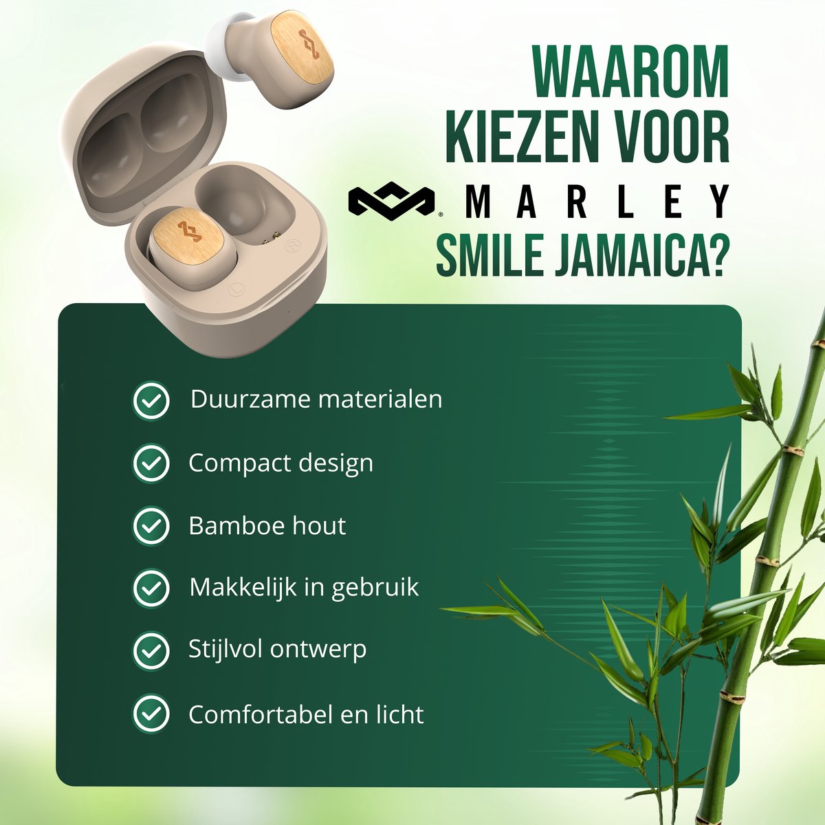 House of Marley Smile Jamaica TWS Draadloze oordopjes - Bluetooth - 14 uur Batterijduur - Met Microfoon - Oortjes Draadloos - Gemaakt van Duurzame Materialen - Cream – foto 5