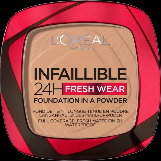 L'Oréal Paris Infaillible 24H Fresh Wear Foundation in a Powder in rood met beige inhoud.