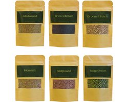 Vida Con Ventji® - Kiemzaden Pakket – 6 Biologische Soorten (300g) – Radijs, Taugé, Kiemmix, Broccoli, Alfalfa & Groene Linzen – Vers & Gezond
