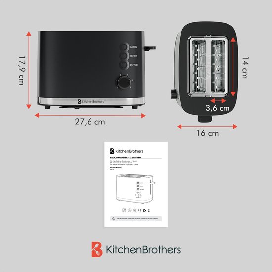 Grille-pain KitchenBrothers - Grille-pain - 6 niveaux de chaleur - Fentes Extra larges - 870 W - Zwart